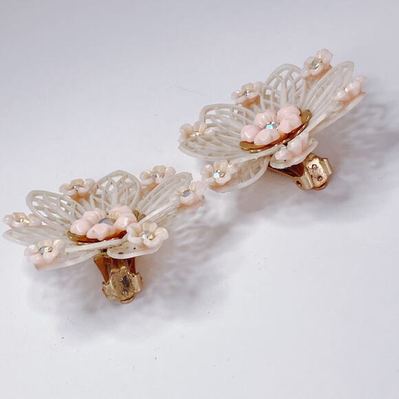 VTG Signed Coro 1950s Earrings Mid Century Thermoplastic Floral AB Rhinestones - Picture 12 of 13